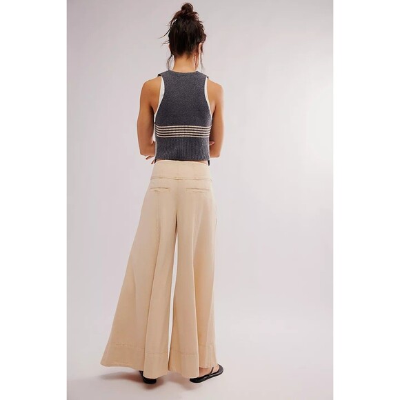 Free People Maxed Out Wide-Leg Trousers Pants Mid-Rise Pleated Beige M-8 282253 - Picture 3 of 9